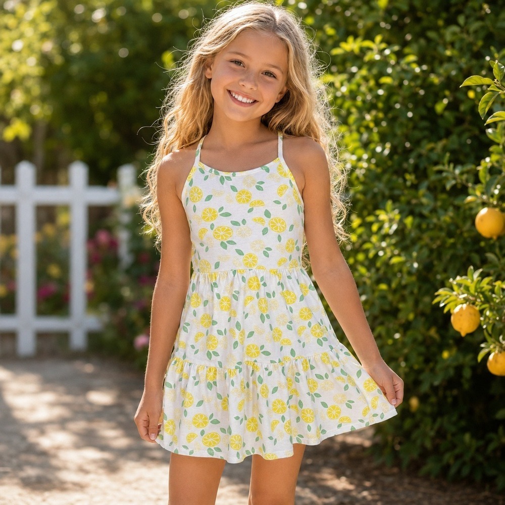 Cat‎ & Jack Girls Lemon Print Dress L 10/12 White Tiered Halter Sundress